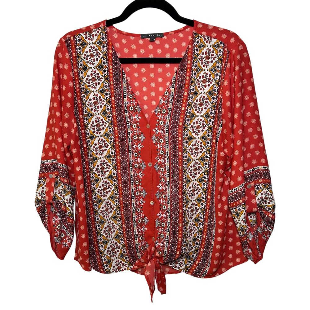 West Kei Talina red and white tie-front boho floral print blouse M